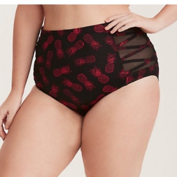 Torrid Black Pink Pineapple Lattice Mesh High Waist Swim Bottoms 1X - Picture 1 of 9